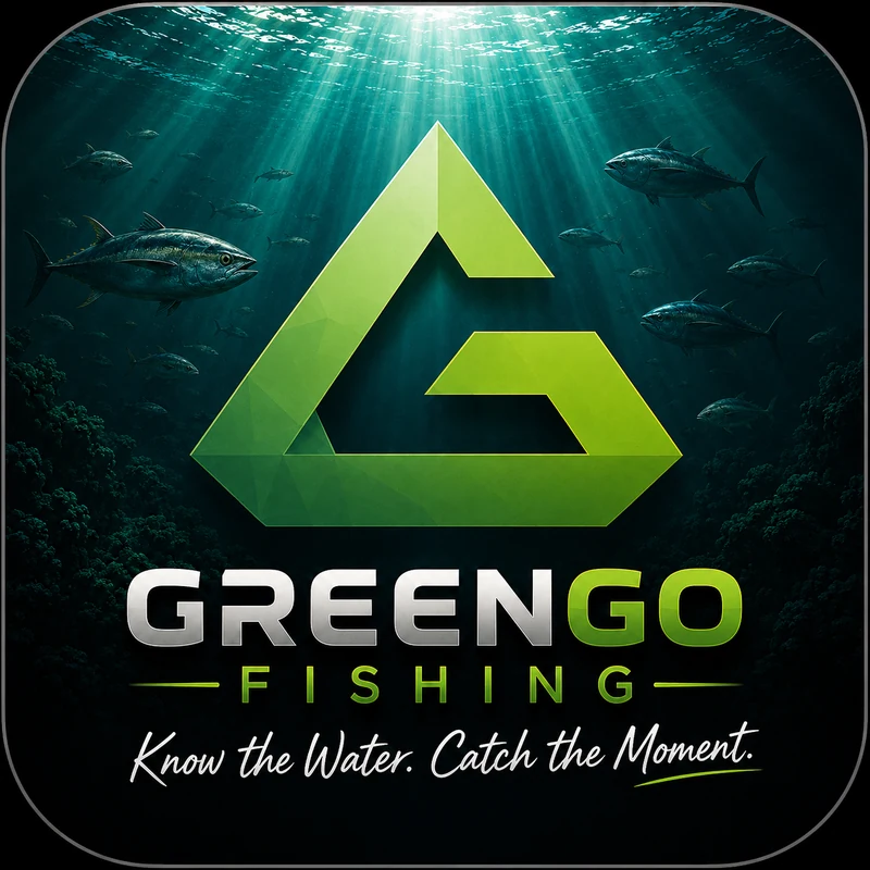 Official GreenGo Fishing logo with underwater light and tuna